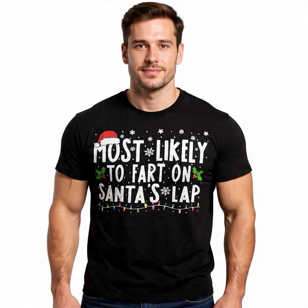 Port & Co Funny Christmas “Most Likely to Fart on Santa’s Lap” Tee Black Sz L